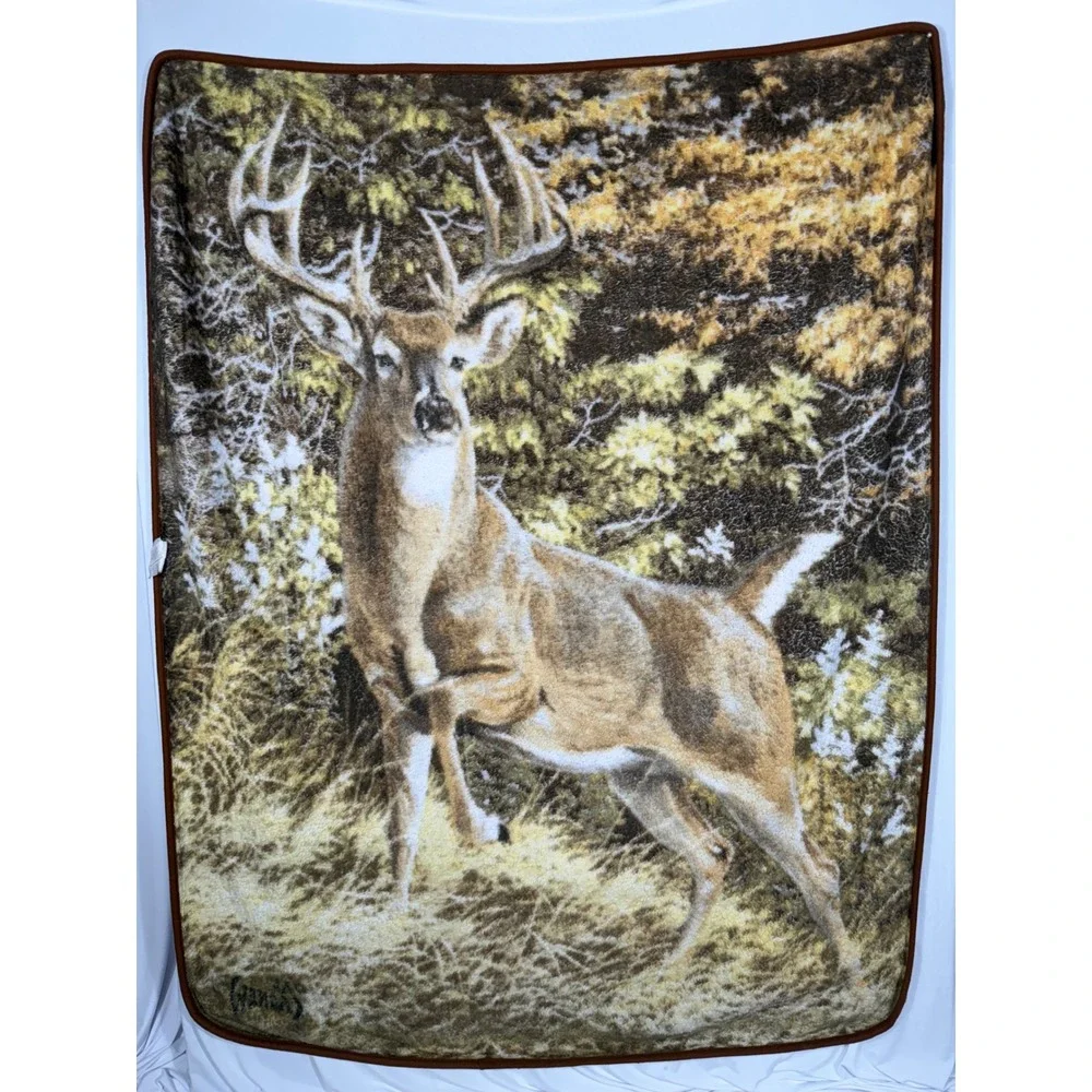 Vtg Al Agnew Deer Fleece Blanket Plush Whitetail Buck Throw Fuzzy Northwest Co